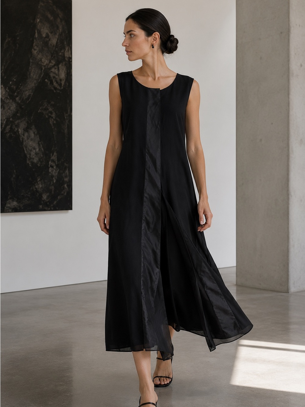 DEMOO Parkchoonmoo Black Silk Organza Layered Midi Dress EU42 US 8 Architecture